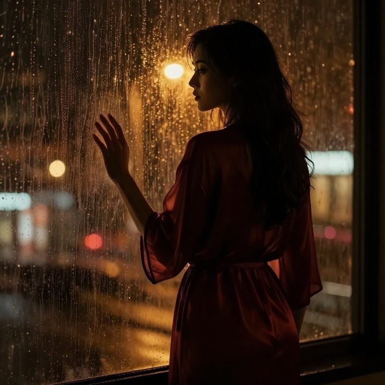 Silhouette at a rain-streaked window